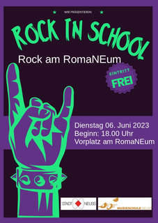 Zum ersten Mal findet das Format „Rock am Romaneum“ auf dem Vorplatz der Musikschule statt. Neben etablierten Bands wie Red Night Wreckers, Hurricane Busters und Phil Flying Axes, spielen Bands aus den Kooperationsprojekten mit dem Marie-Curie-Gymnasium, Alexander-von-Humboldt Gymnasium, Gymnasium Norf sowie der Gesamtschule an der Erft. Der Eintritt ist frei