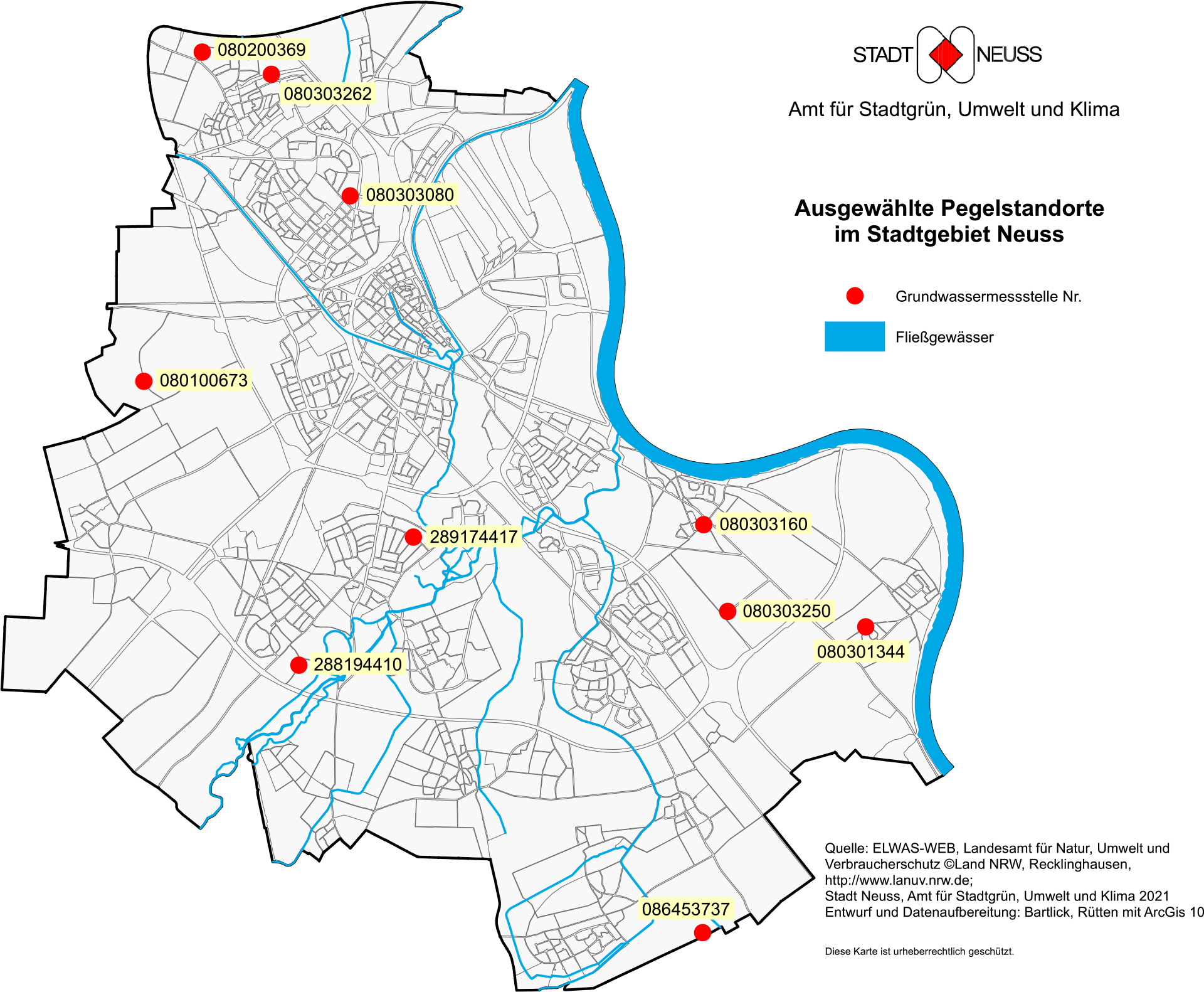 Ausgewählte Pegelstandorte der Stadt Neuss